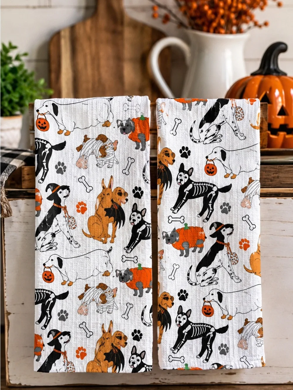 MAKERY Halloween Dog Tea Towels Set of 2 Cotton Kitchen Towels Ghosts Skeletons